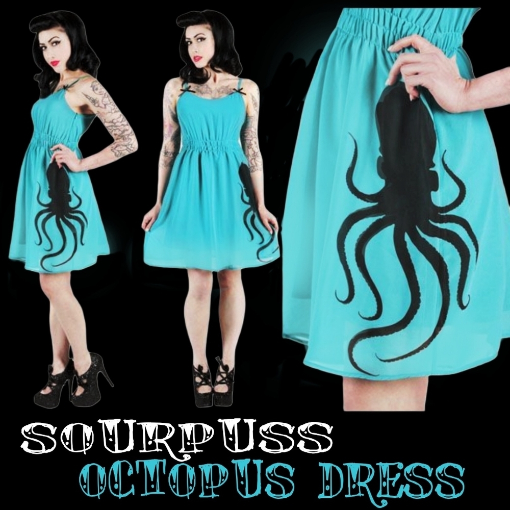 Modcloth Aqua Dress with Black Octopus Motif